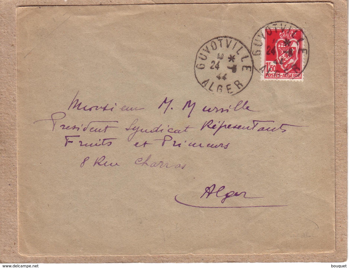 ALGERIE - LETTRE DE GUYOTVILLE POUR ALGER , CACHET GUYOTVILLE SUR TIMBRE 1F50 POSTES ALGERIE - 1944 - Storia Postale