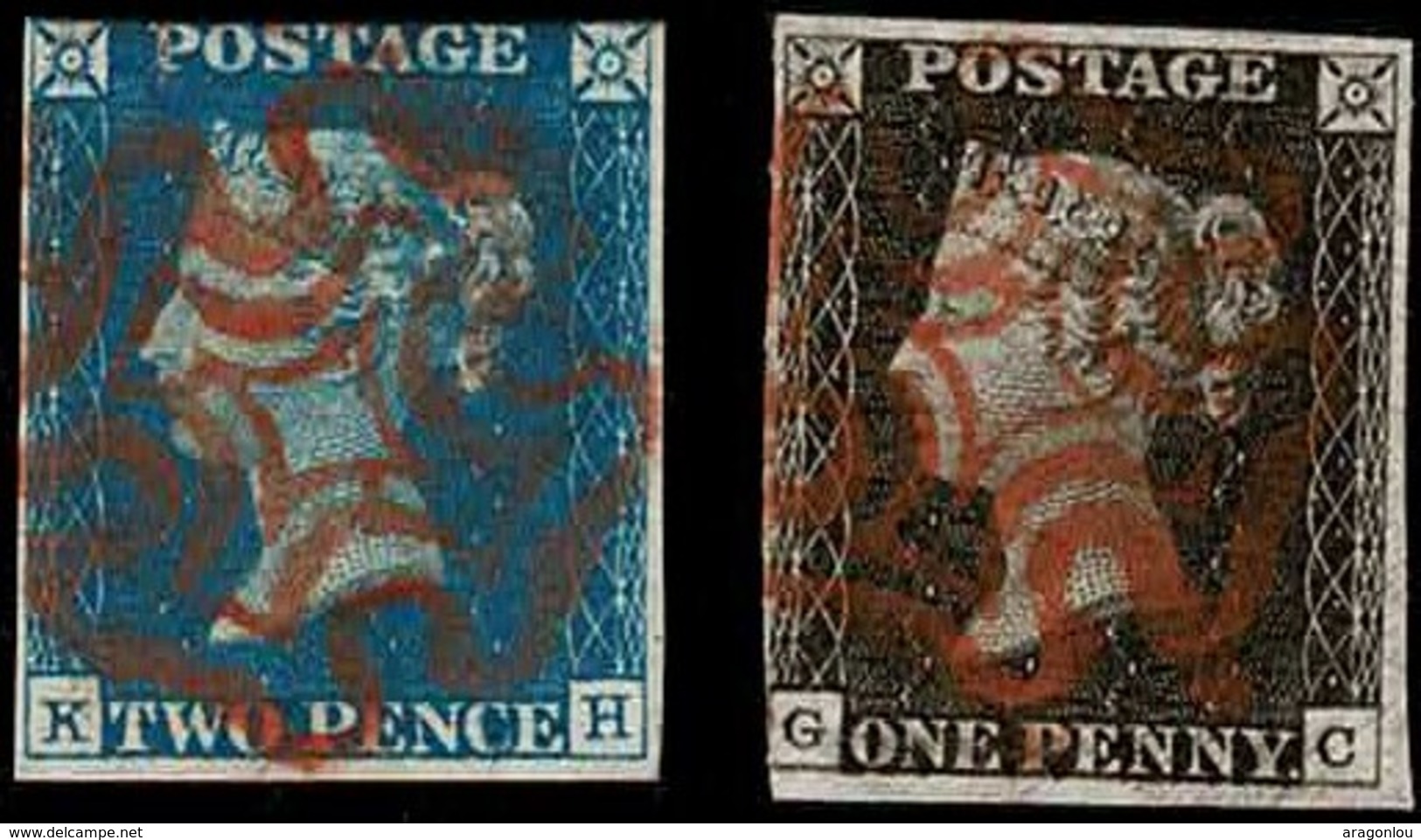 1840:Queen Victoria, One Penny Black, Two Pence Blue, Stanley Gibbons 2&5 (2scans) - Used Stamps