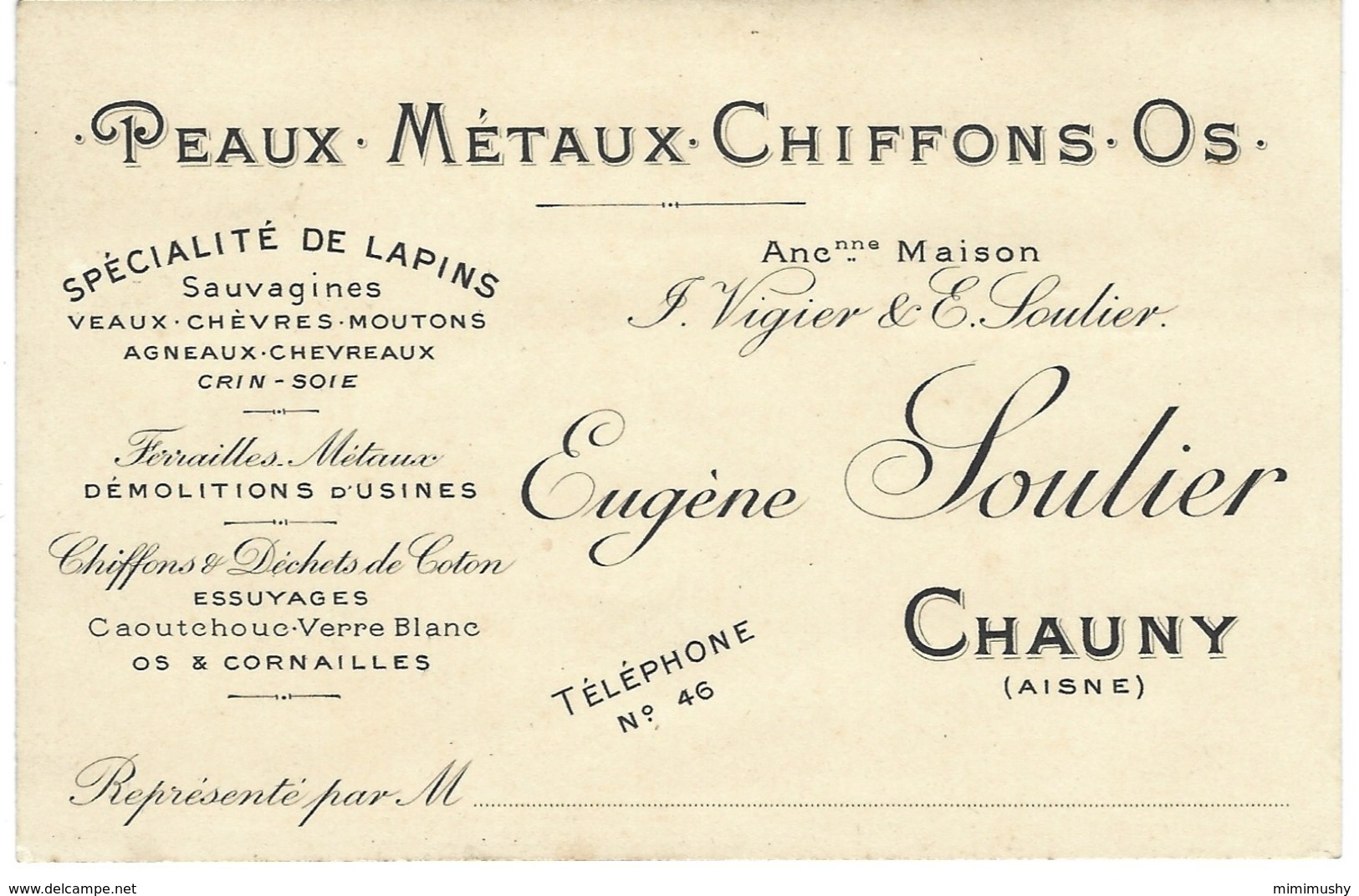 Carte De Visite - Peaux Métaux Chiffons Os - Eugène Soulier à Chauny - Spécialité De Lapins - Visiting Cards