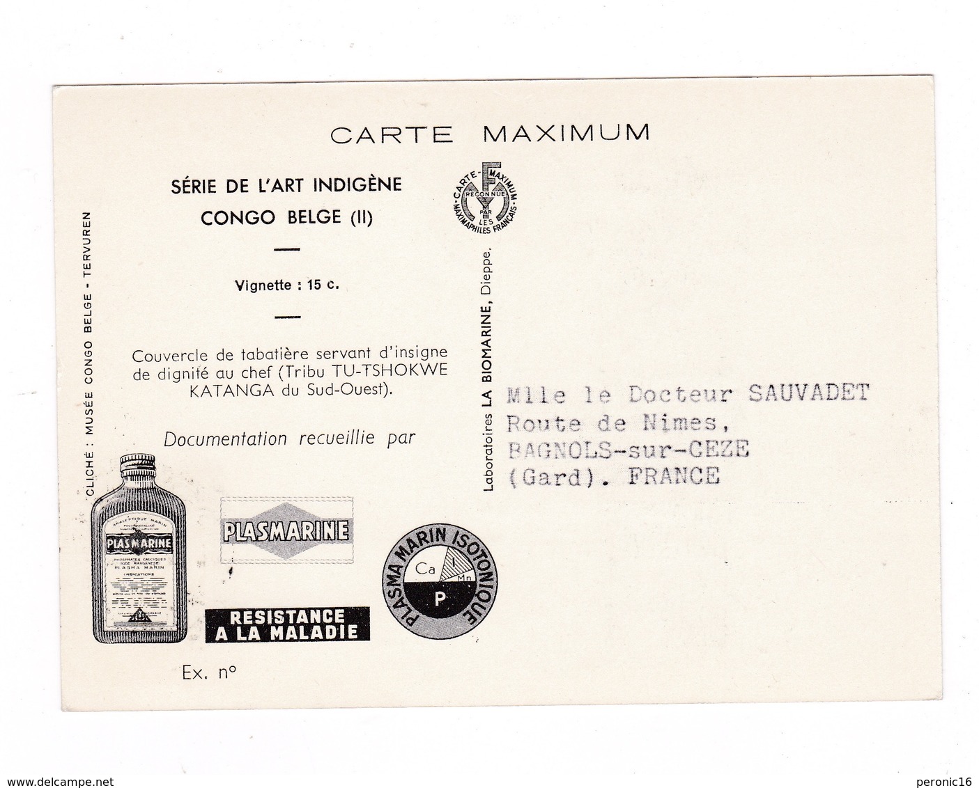 Carte Maximum Pub. Médicale PLASMARINE (oligo-éléments Sels Minéraux), Couvercle De Tabatière Congo Belge 2 - Otros & Sin Clasificación