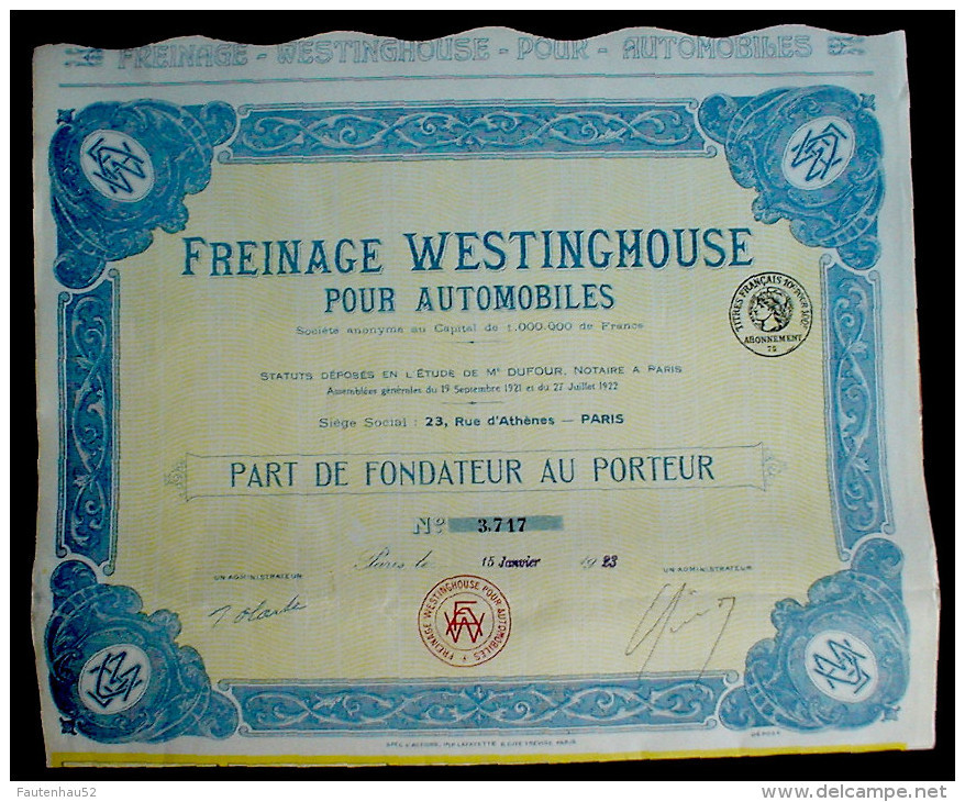 Freinage Westinghouse Pour Automobiles Part De Fondateur 1923 - Automobile