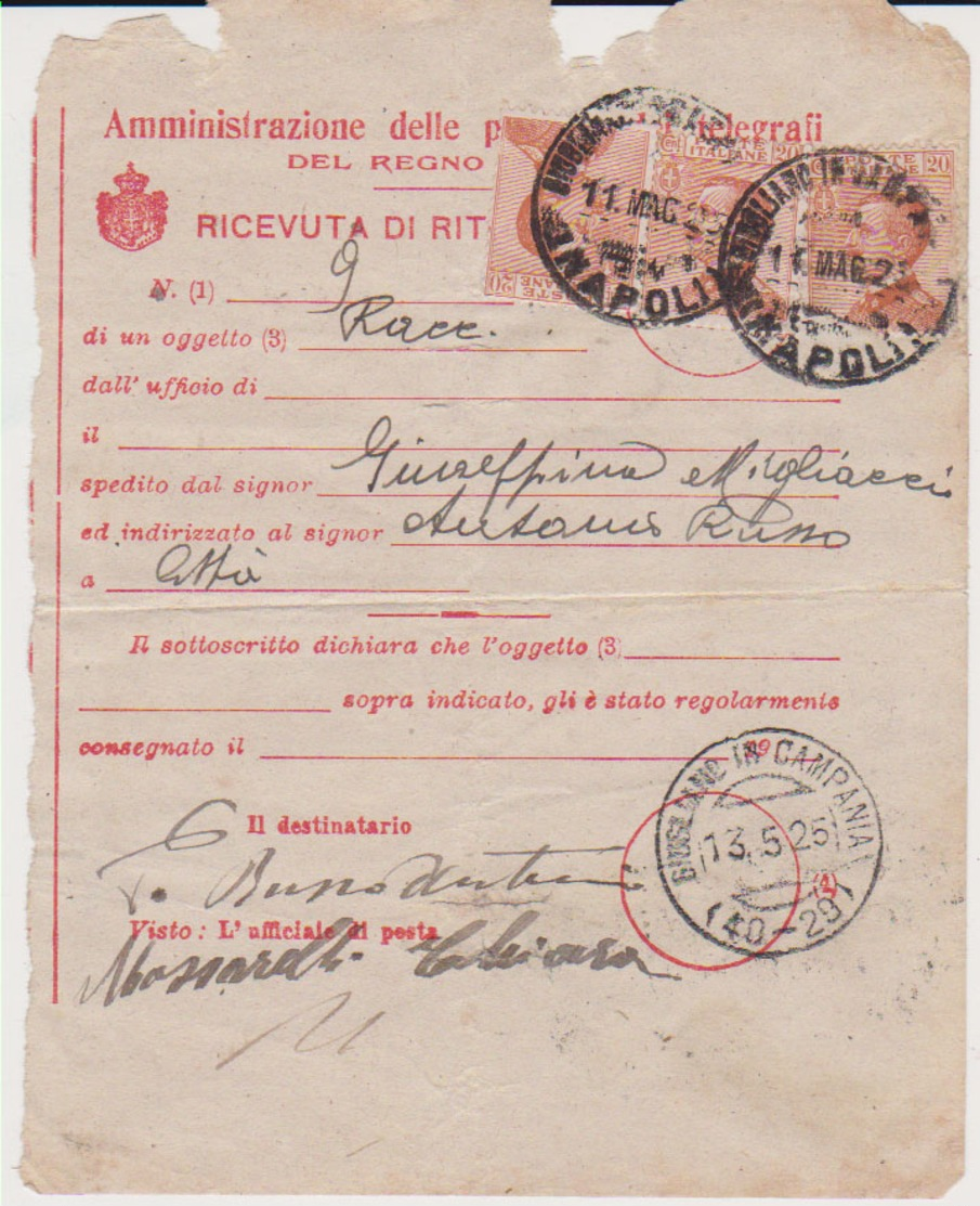 1925 RICEVUTA DI RITORNO RACCOMANDATA CON 3 VALORI MICHETTI DA 20 CENTESIMI - Poststempel