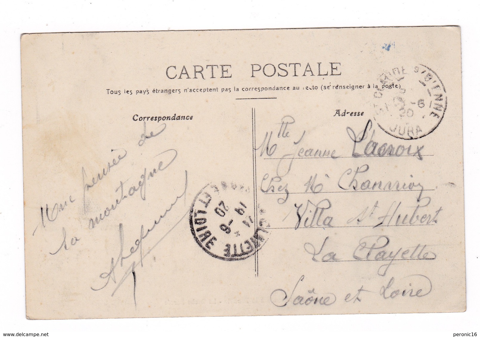 Belle CP Saint-Claude (Jura), La Roche Percée, Route Menant à La Faucille. A Voyagé En 1920 - Saint Claude