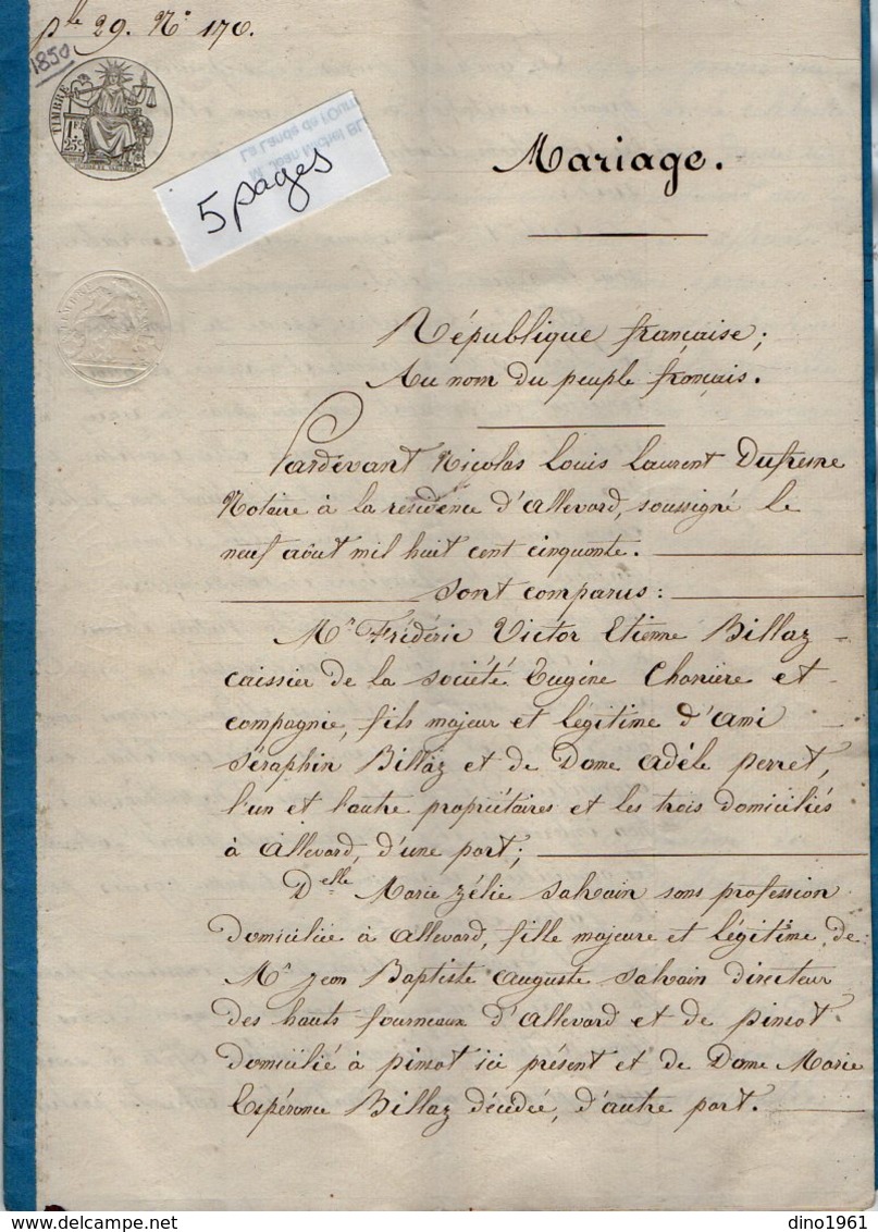 VP13.003 - ALLEVARD 1850 - Généalogie - Contrat De Mariage De Mr F.V.E. BILLAZ Caissier  & Delle M.Z. SALVAIN - Manuscripts