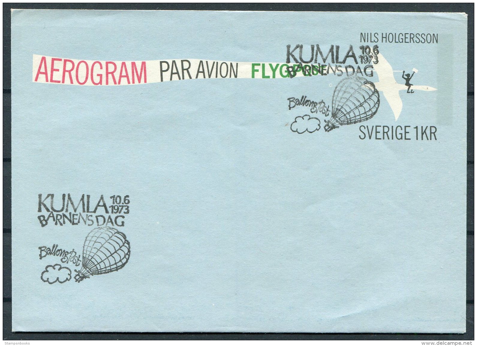 1973 Sweden Barnens Dag Kumla Ballongpost Ballon Aerogram Stationery Holgersson - Covers & Documents