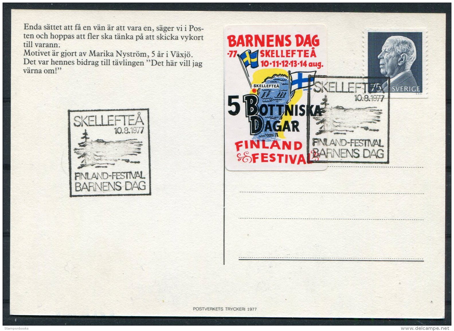 1977 Sweden Barnens Dag   Skelleftea Finland Festival, Map &amp; Flag Bottniska Dagar Postcard. Slania - Covers & Documents