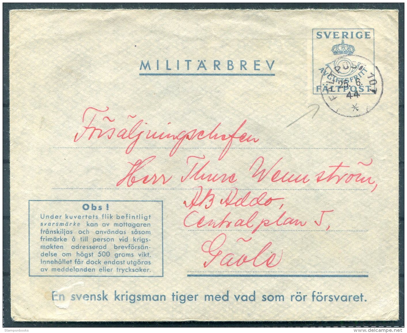 1944 Sweden Militarbrev Fieldpost Stationery Cover. Faltpost 107 - Militares