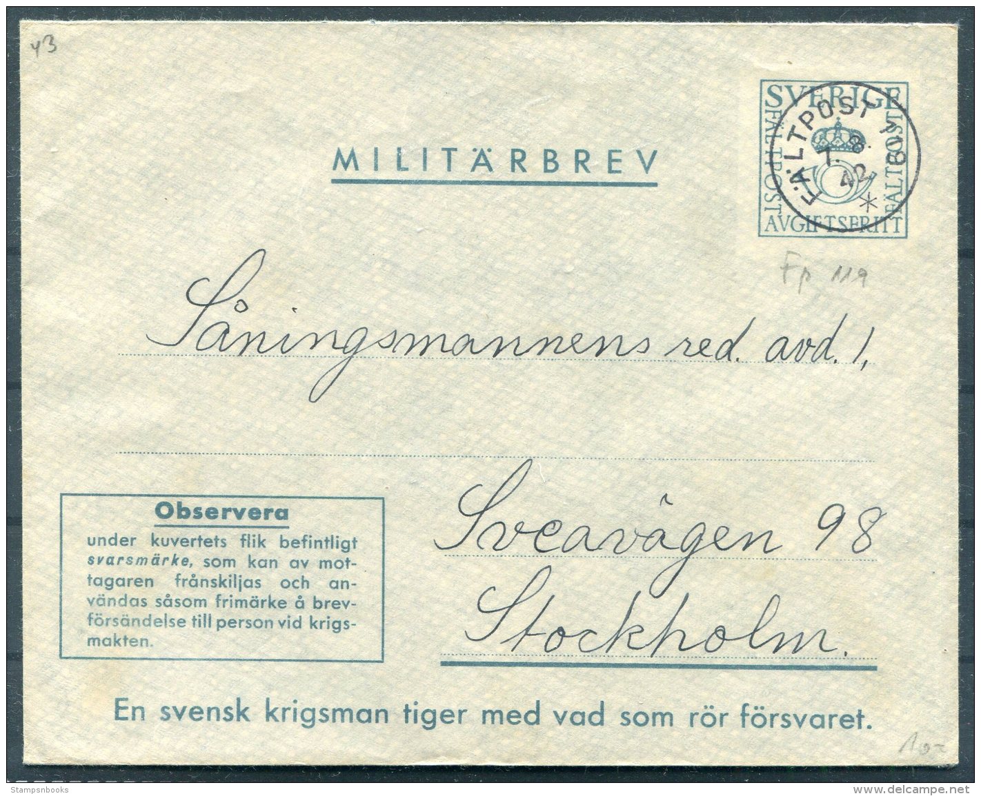 1942 Sweden Militarbrev Fieldpost Stationery Cover. Faltpost 119 - Military