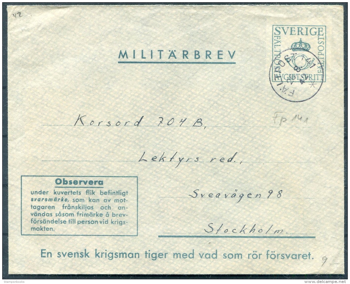 1942 Sweden Militarbrev Fieldpost Stationery Cover. Faltpost 141 - Military