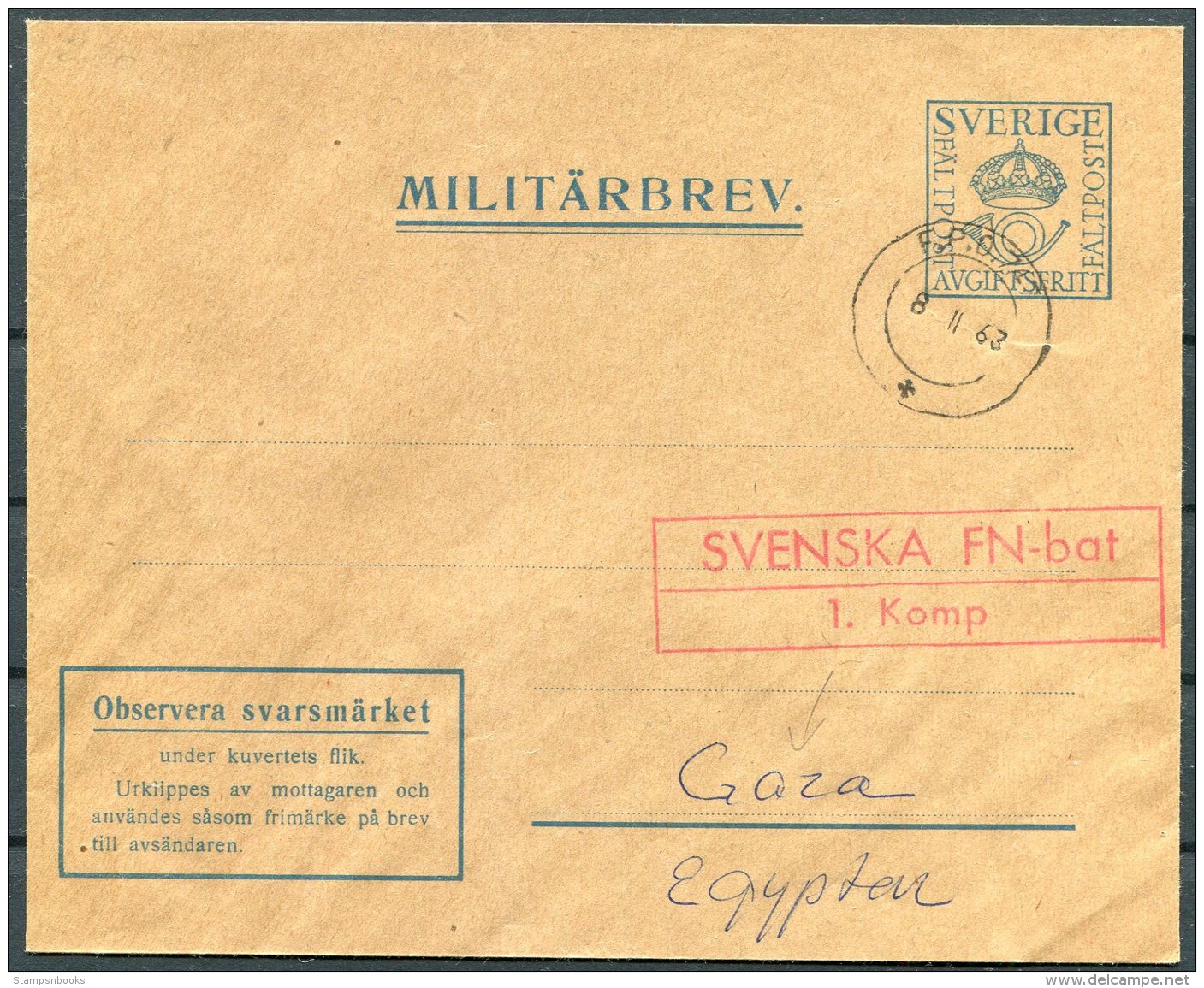 1963 Sweden United Nations Egypt Gaza UNEF FN Militarbrev Stationery Cover Faltpost - Military