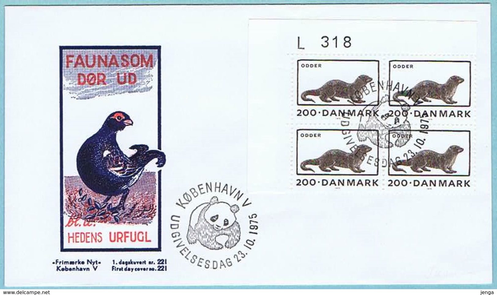 Denmark; 1975; Endangered Species; Common Otter; WWF Issue; Block Of 4 With Margin Number On FDC With Panda Postmark - FDC