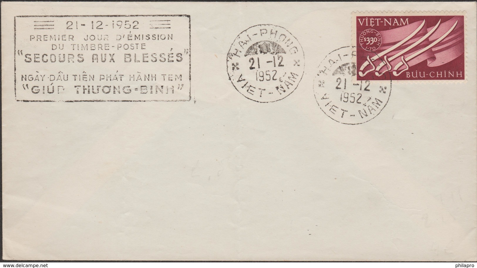 S.VIETNAM 1952  FDC  Cachet  #HAIPHONG  - SECOURS AUX BLESSES     Réf  52 CC    RARE - Viêt-Nam