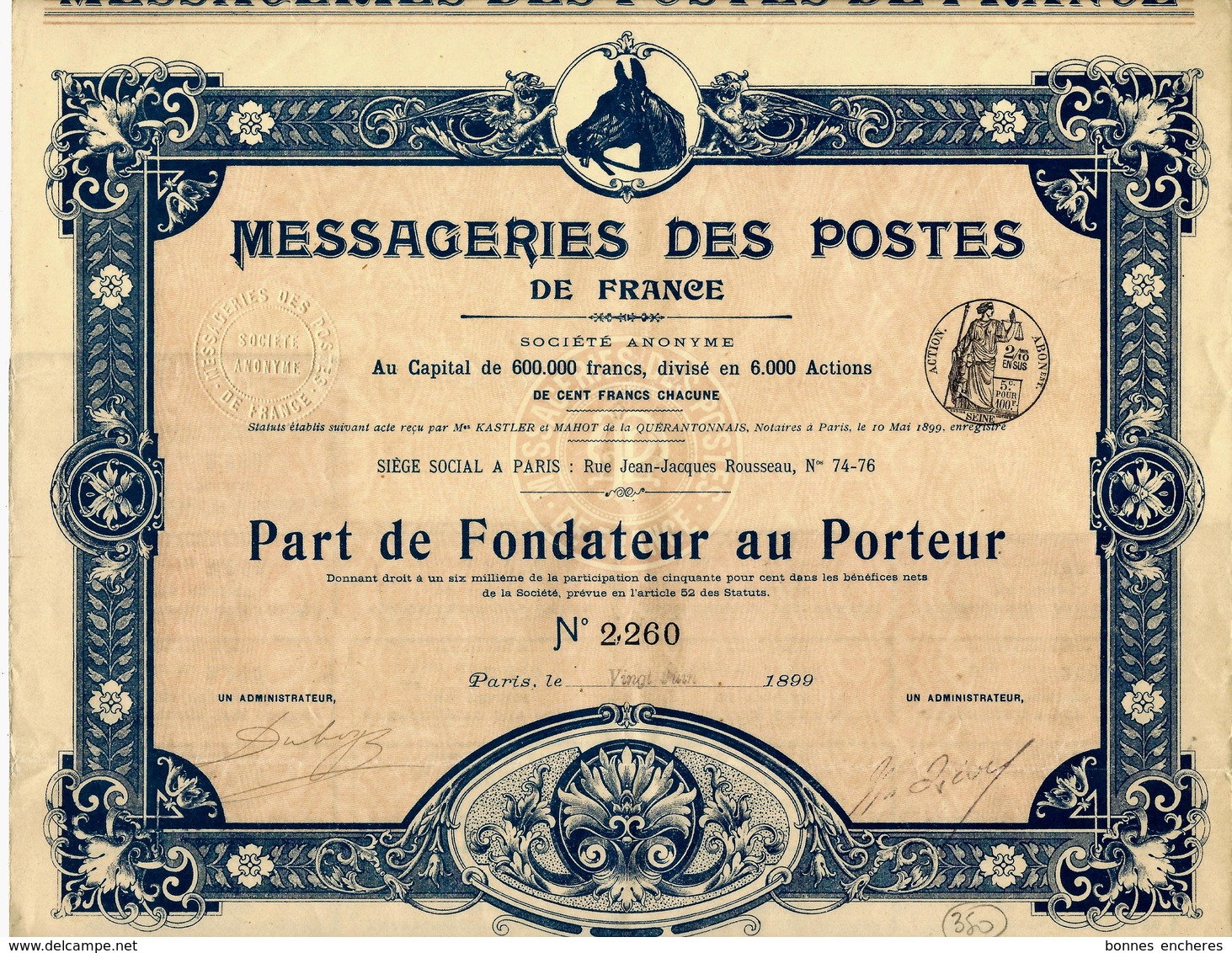 1899 RARE PART DE FONDATEUR MESSAGERIES DES POSTES DE France PARIS V.COTATION ET HISTORIQUE - Transporte