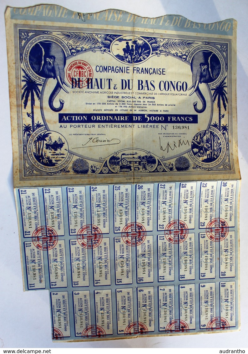 Action 5000 Francs CFHBC Compagnie Française Du Haut Et Du Bas Congo AEF éléphant 1929 - A - C