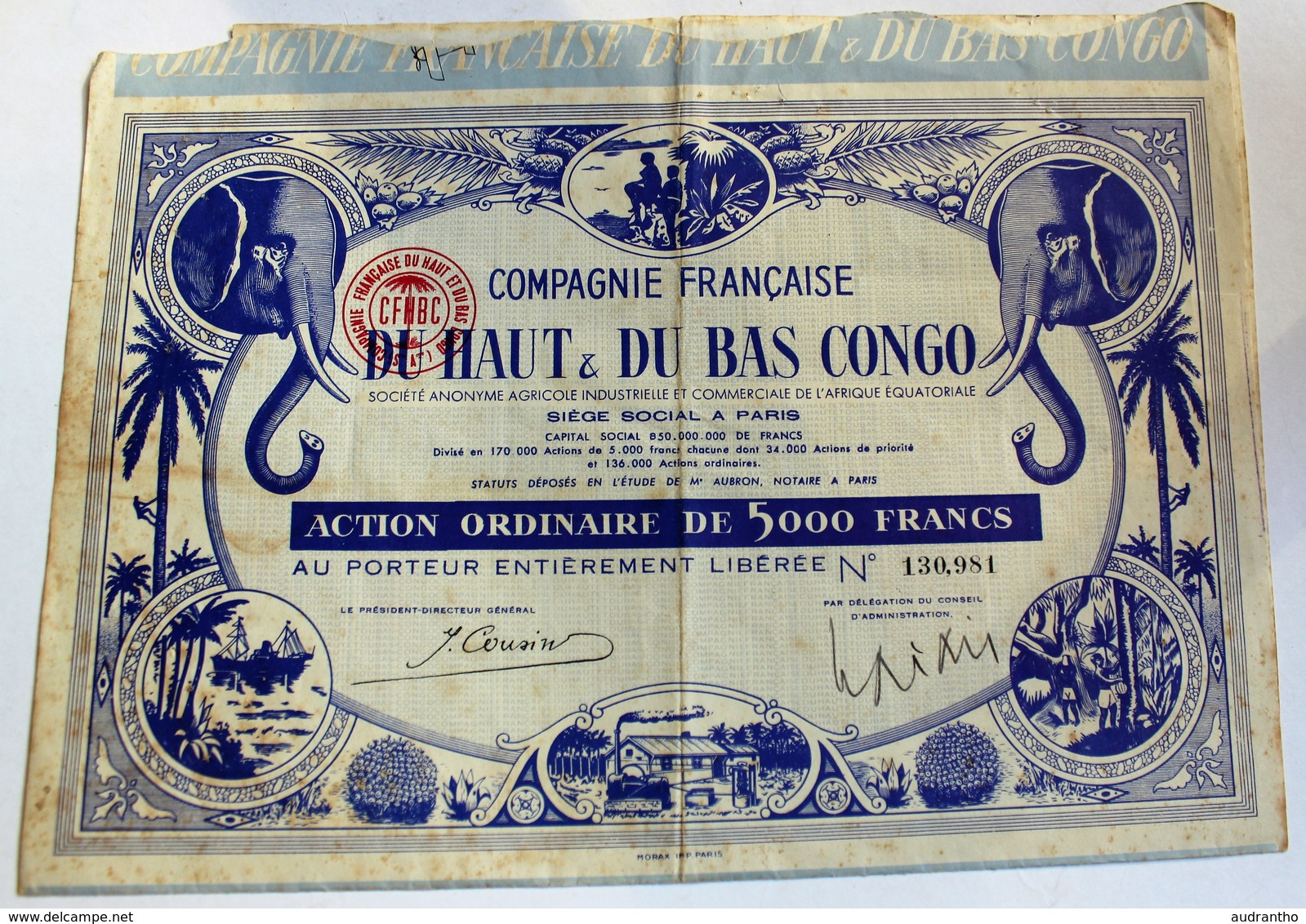 Action 5000 Francs CFHBC Compagnie Française Du Haut Et Du Bas Congo AEF éléphant 1929 - A - C