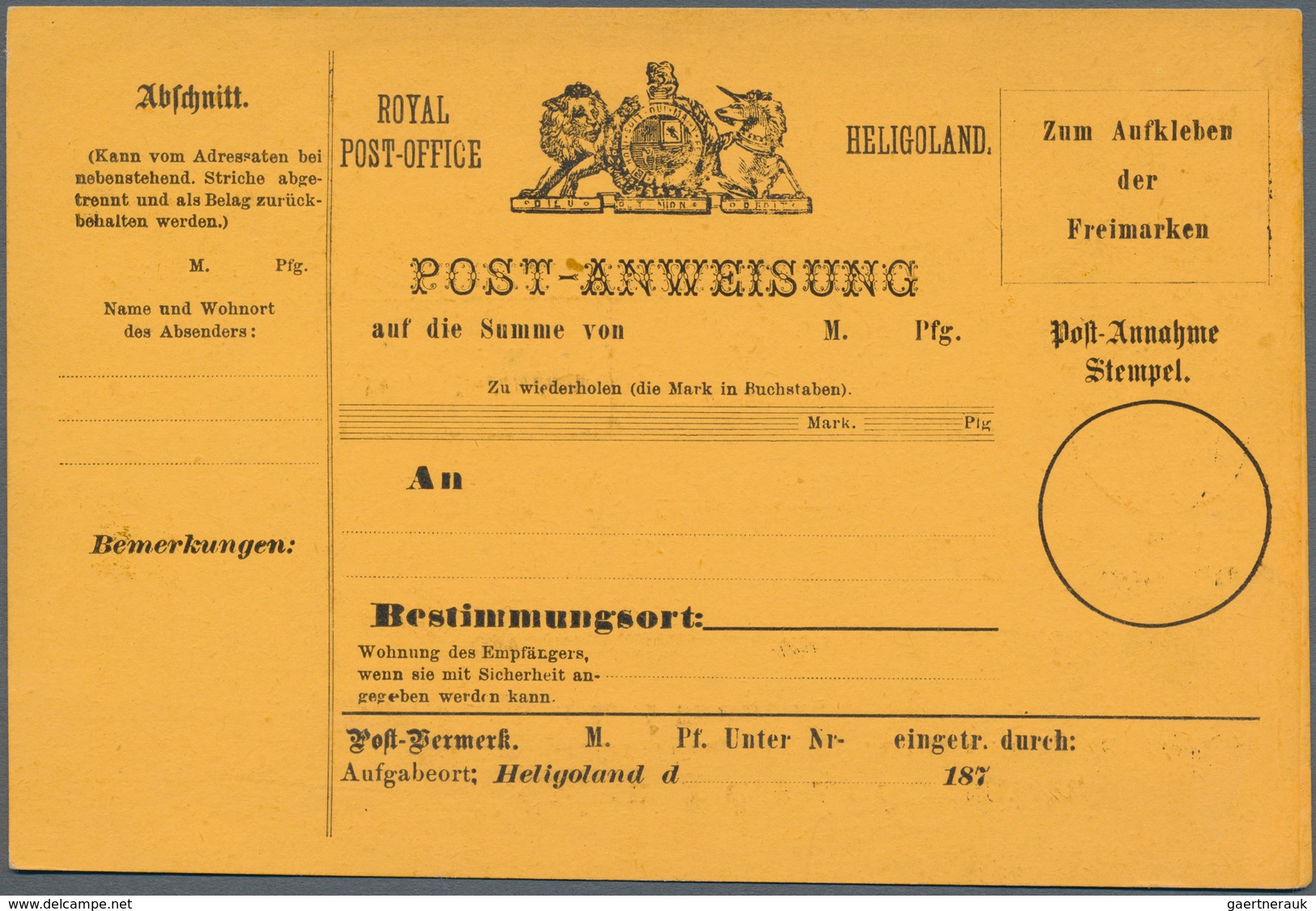 Helgoland - Besonderheiten: 1875/1878, 12 verschiedene POSTANWEISUNGS-Formulare ungebraucht