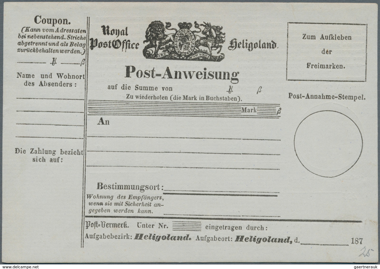 Helgoland - Besonderheiten: 1875/1878, 12 verschiedene POSTANWEISUNGS-Formulare ungebraucht