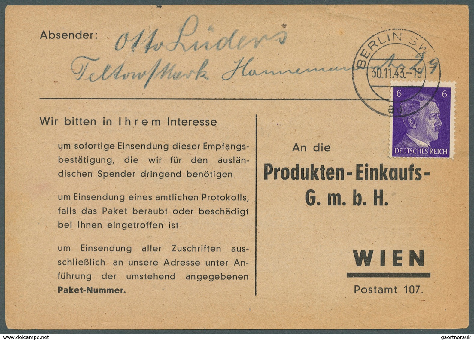 Deutsches Reich: 1943/1944, Hitler 3 Pf-8 Pf Zumeist Als EF Auf Ca.100 Empfangsbestätigungen Für "Me - Sammlungen