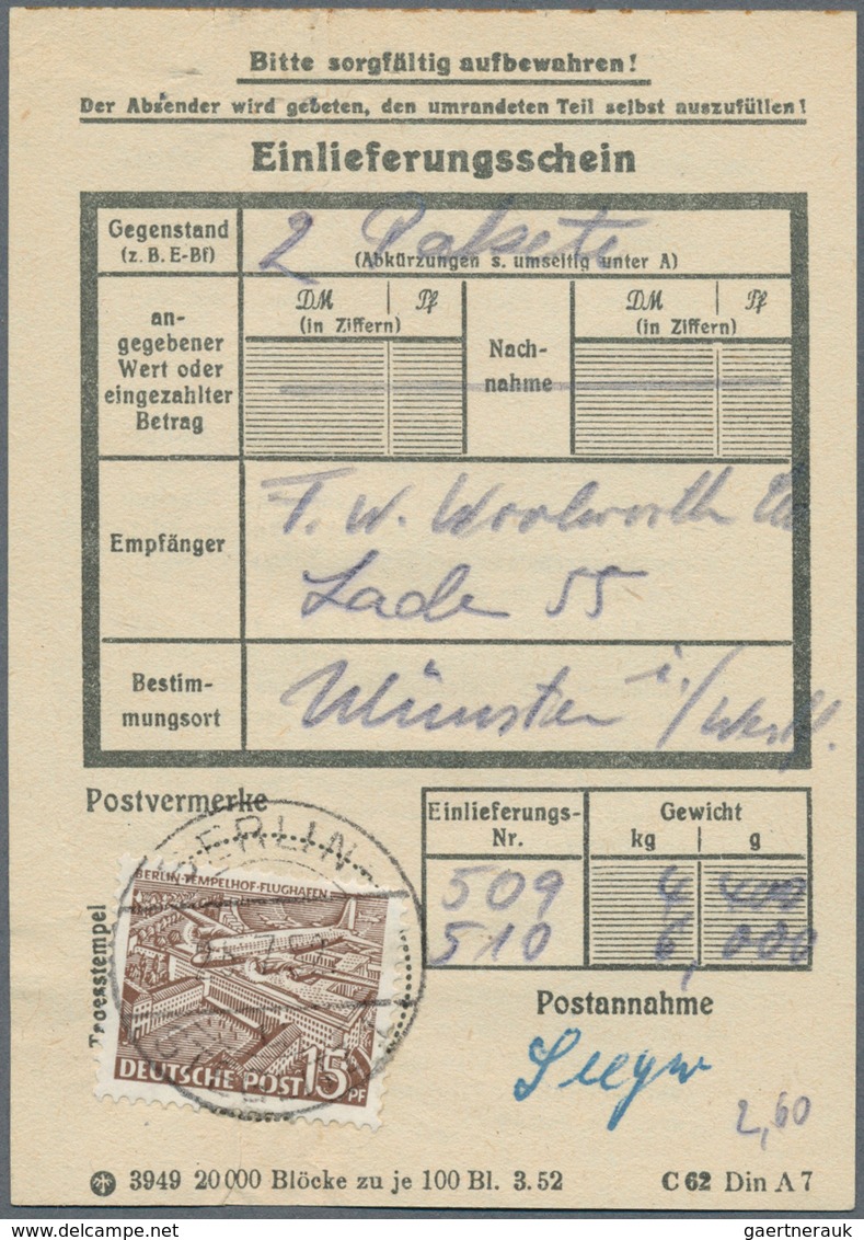 Berlin: 1949, Partie Mit 10 Einlieferungsscheinen Für Pakete Bzw. Postgüter, Jeder Schein Mit Einzel - Used Stamps