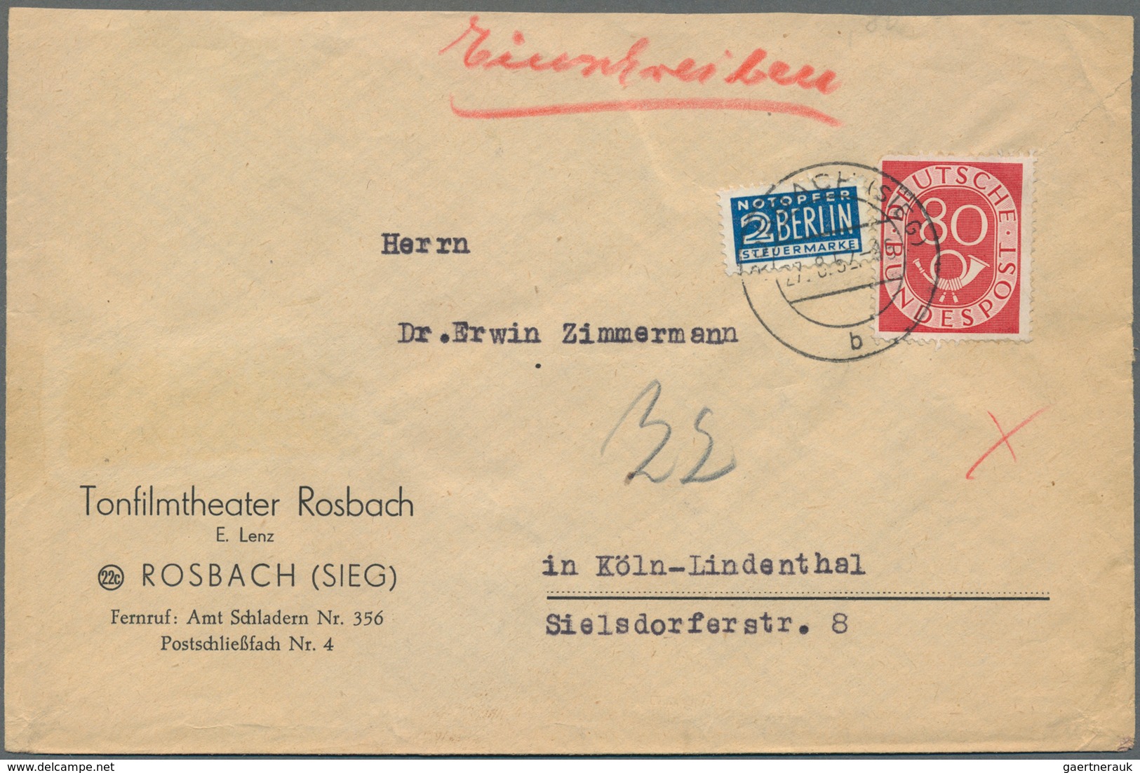 Bundesrepublik Deutschland: 1952/1954, Saubere Kleine Sammlung Von Portogerechten Briefen Und Karten - Collections