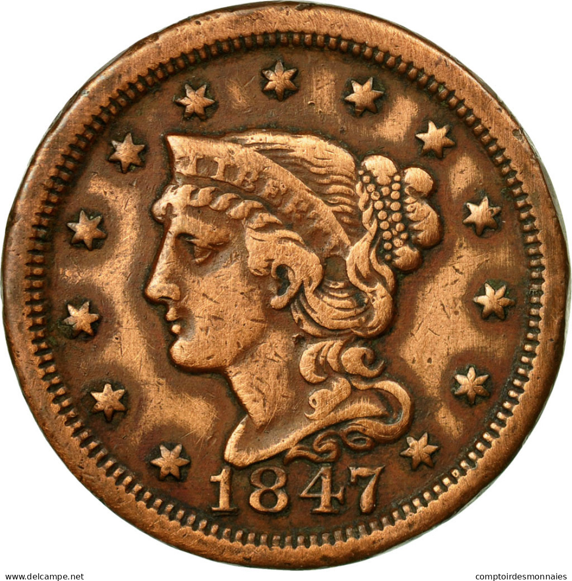 Monnaie, États-Unis, Braided Hair Cent, Cent, 1847, U.S. Mint, Philadelphie - 1840-1857: Braided Hair (Cheveux Tressés)