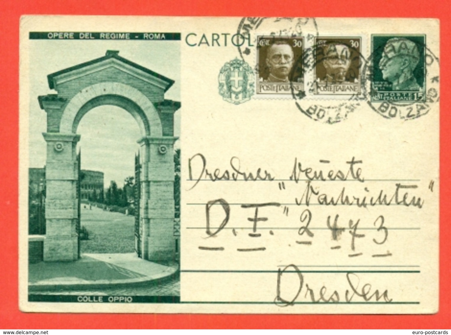 INTERI POSTALI I-CARTOLINE POSTALI-C71/5-COLLE OPPIO-PER L'ESTERO-DA MERANO PER DRESDEN -ESTERO - Entero Postal