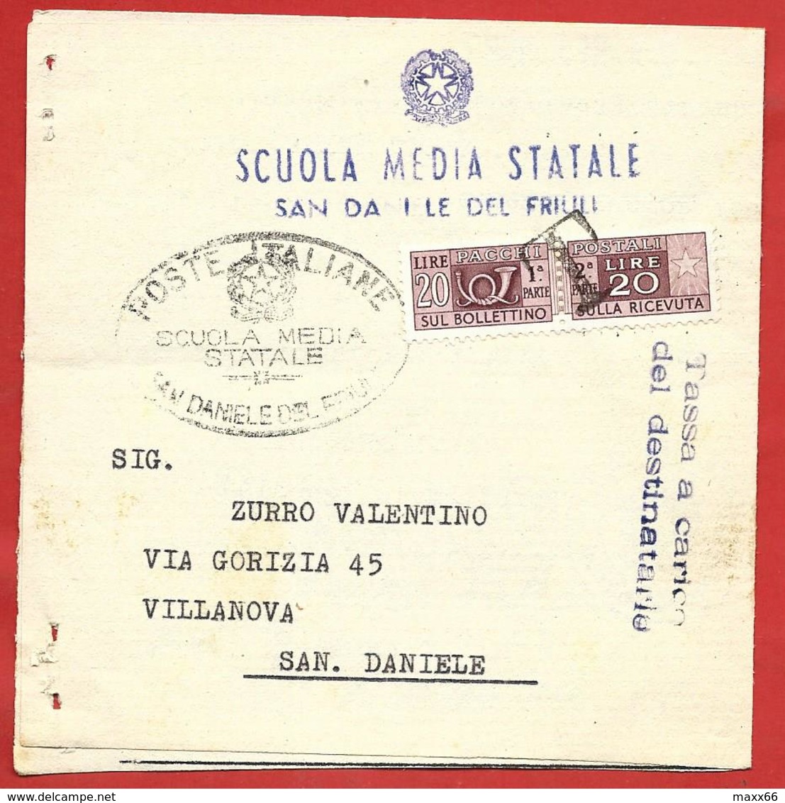 PIEGO VG ITALIA - ORDINARIA - Pacchi Postali £ 20 Doppia Sezione Uso Segnatasse  - 11 X 11 - 1967 Annullo T - 1961-70: Storia Postale