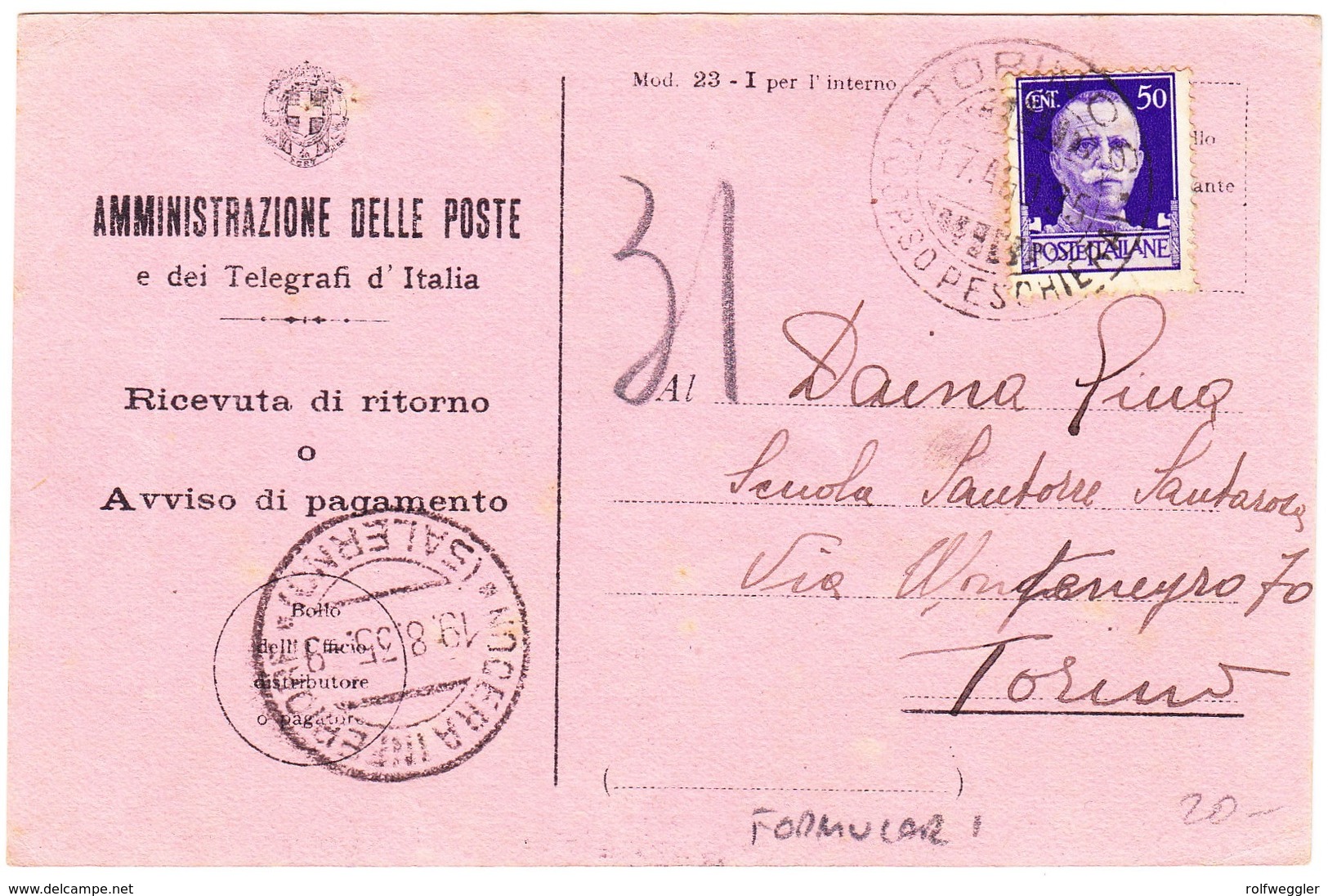 1935 Postkarte Des Post - Und Telegrafenamtes Aus Salerno; Gestempelt Torino - Poststempel