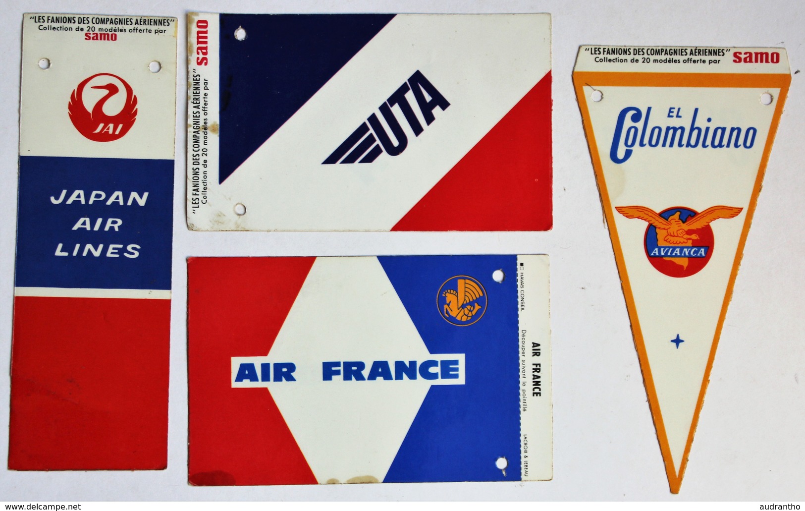 4 Fanions Des Compagnies Aériennes 1966 SAMO Japan Air Lines Air France UTa El Colombiano Avancia - Publicités