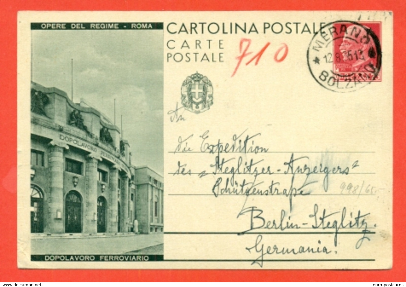 INTERI POSTALI I-CARTOLINE POSTALI-C73/6-DA MERANO PER BERLIN-ESTERO-STAZIONI-DOPOLAVORO FERROVIARIO - Interi Postali