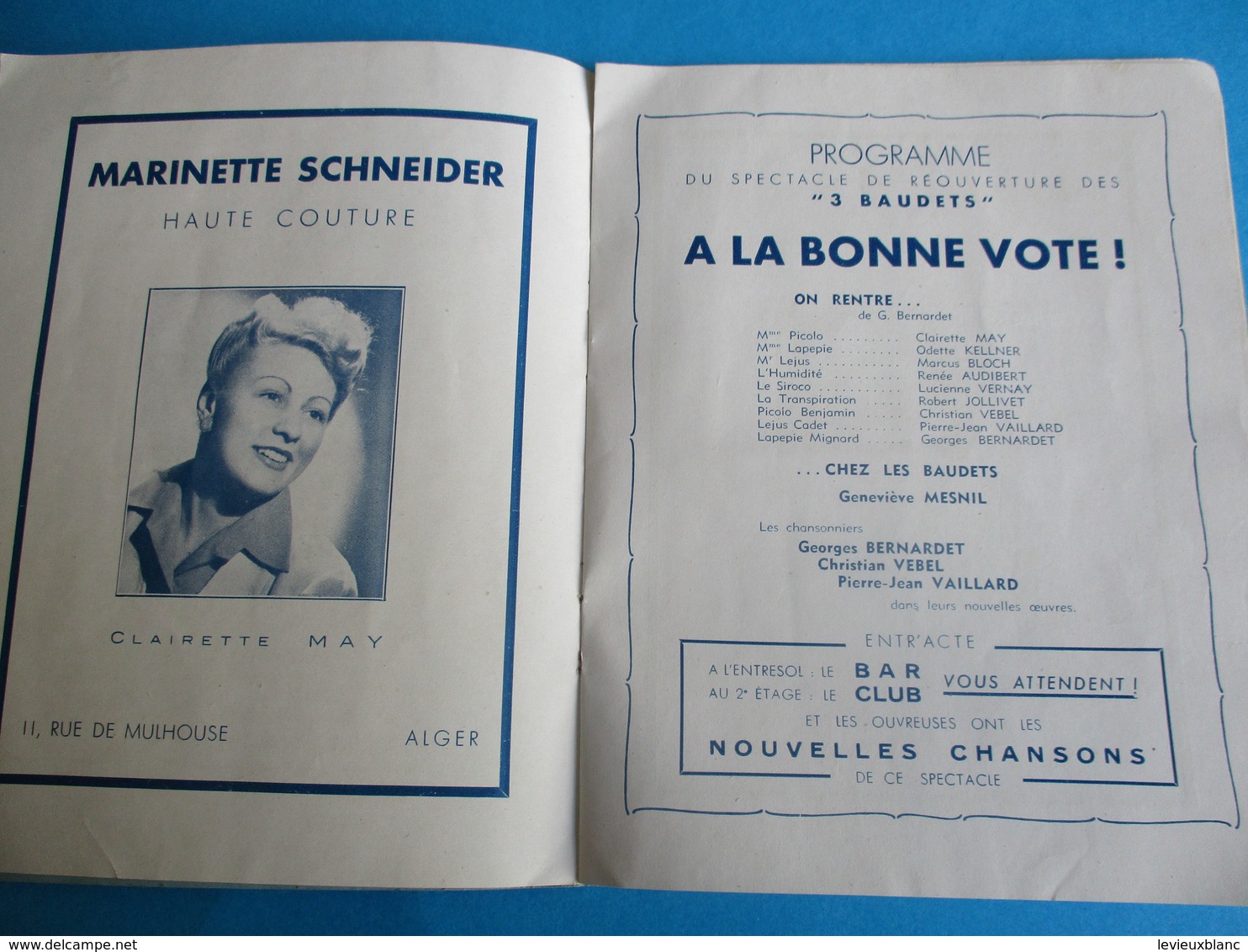 Théâtre Des 3- Baudets/G Bernardet - PJ Vaillard- Chr Vebel/ Vernay-May- Mesnil/Rue Mogador/ALGER/ 1945- 1950   PROG182 - Programmes