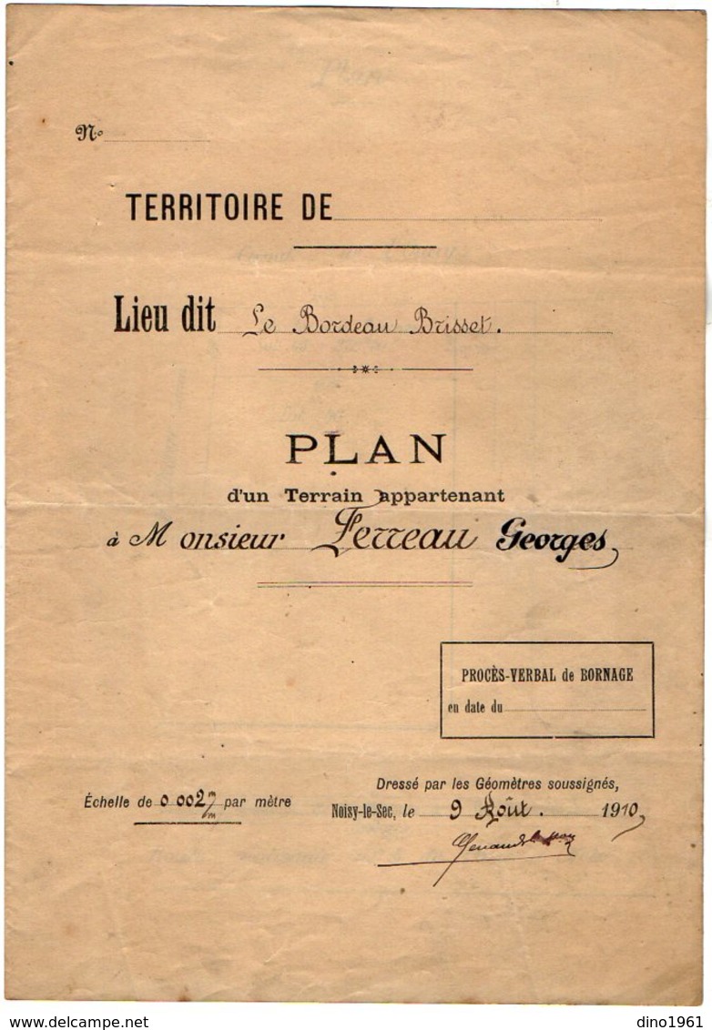 VP13.008 - Plan D'un Terrain Appartenant à Mr G. FERREAU - Lieu Dit Le Bordeau Brisset - Géomètre à NOISY - LE - SEC - Other Plans