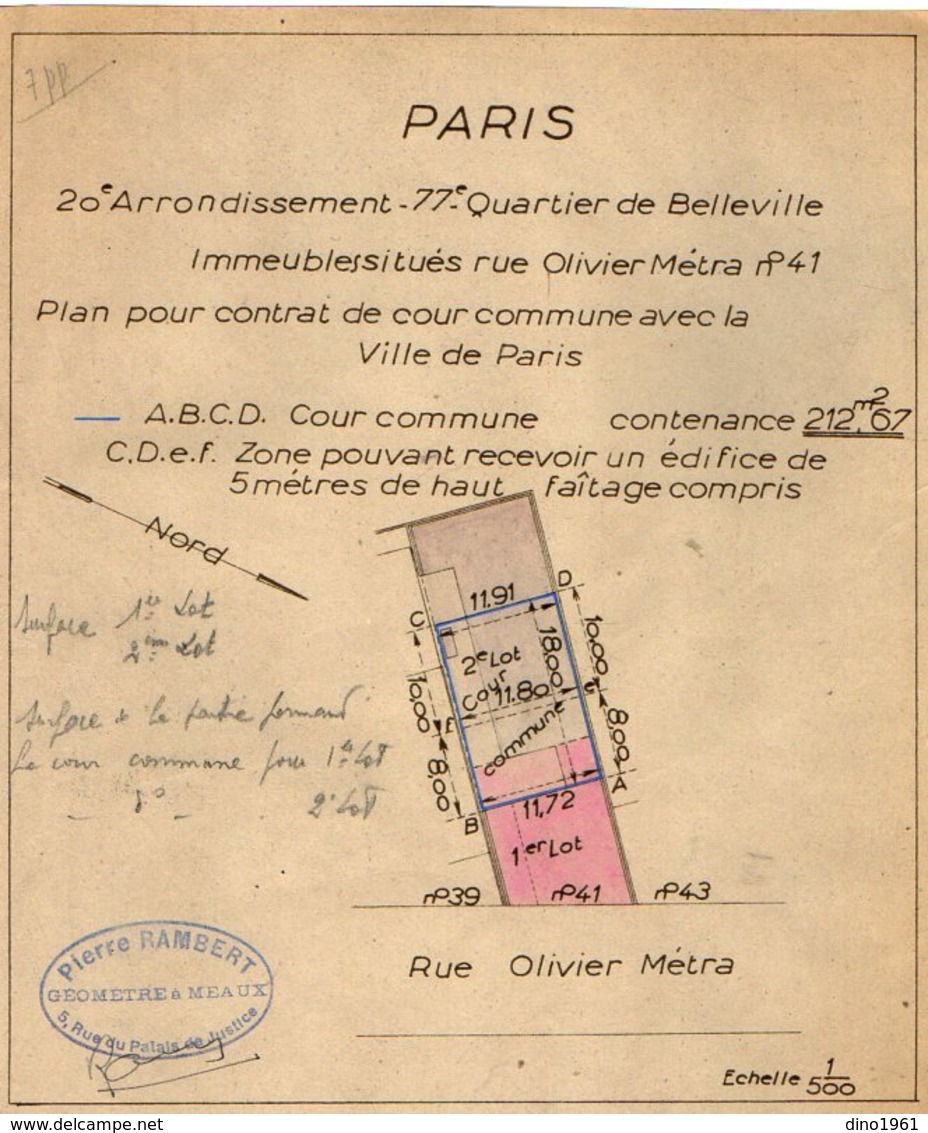 VP13.009 - PARIS - 2 Plans D'Immeubles Situés Rue Olivier Métra N° 41 - Géomètre Mr P. RAMBERT à MEAUX - Andere Plannen