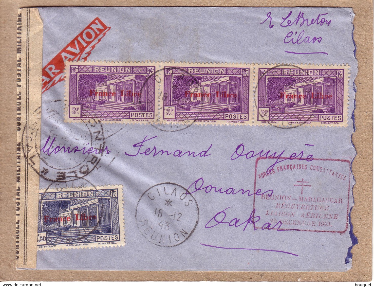 LETTRE CILAOS REUNION POUR DAKAR TIMBRES SURCHARGE FRANCE LIBRE , CONTROLE POSTAL FORCES FRANCAISES COMBATTANTES - 1943 - Lettres & Documents