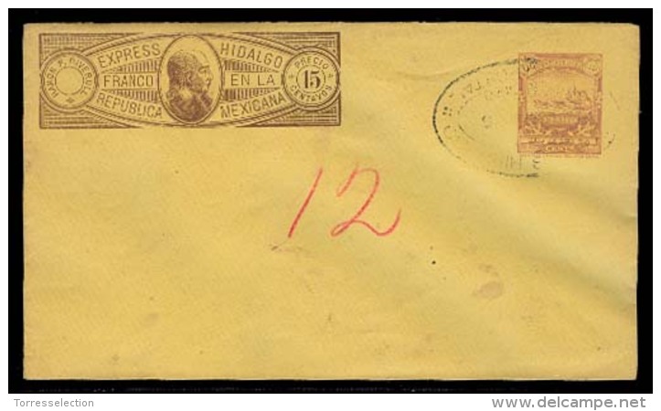 MEXICO - Stationery. C.1895. 15c. Express Nacional Hidalgo Yellow Paper Stat Env 10c Mulitas. Cancelled Used As A Furthe - Mexico