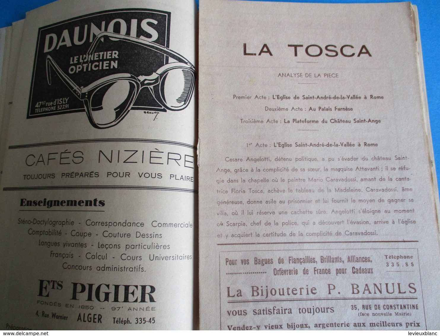 Opéra D'ALGER/ Saison 1946-1947/La TOSCA/ Puccini/ Dieudonné Directeur Artistique/BASTOS/  1947                  PROG185 - Programmes