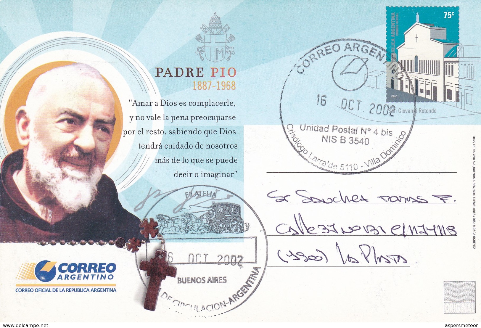 PADRE PIO. ENTERO ENTIER POSTAL STATIONERY CIRCULEE VILLA DOMINICO TO LA PLATA, ARGENTINE YEAR 2002. FDC- BLEUP - Postal Stationery