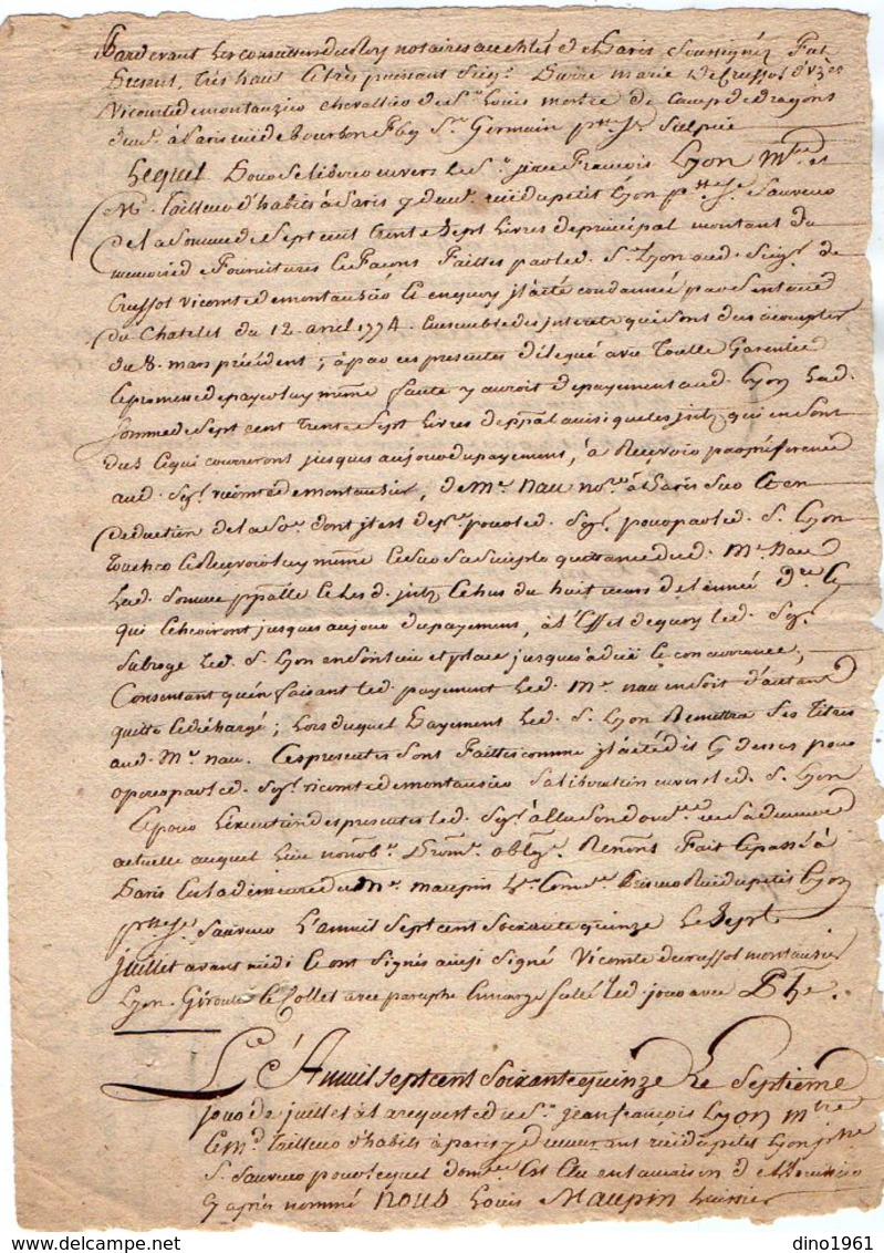 VP13.011 - Cachet Généralité De PARIS - Acte De 1775 - Entre Le Chevalier D'UZES & J.F LYON Tailleur D'Habits à PARIS - Gebührenstempel, Impoststempel