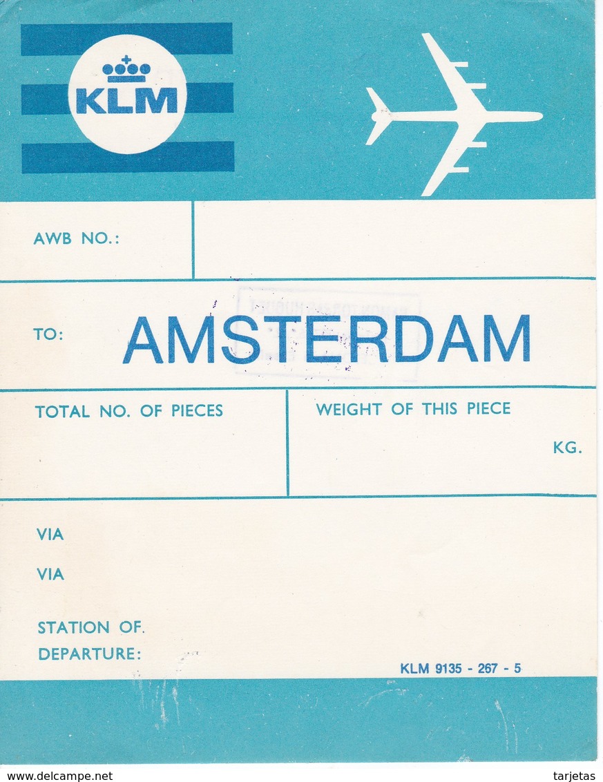 ANTIGUA ETIQUETA DE LA COMPAÑIA AEREA KLM  (AVION-PLANE) AMSTERDAM - Étiquettes à Bagages