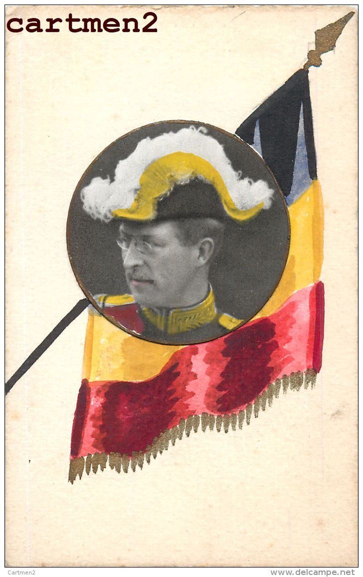 CARTE PEINTE MAIN : PATRIOTISME DRAPEAU GENERAL ROI BELGIQUE GUERRE PATRIOTIQUE DESSIN COLLAGE PHOTO POLITIQUE - Personnages