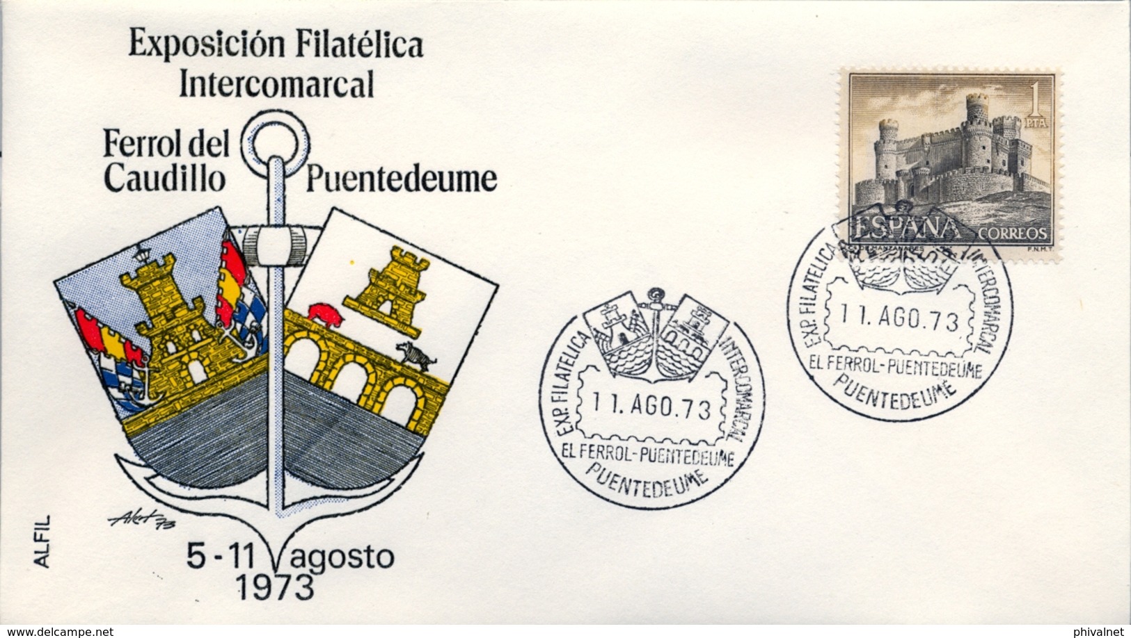 1973, SOBRE CON MATASELLOS ESPECIAL , CORUÑA - EXPO. FILATÉLICA INTERCOMARCAL , FERROL , PUENTEDEUME - Storia Postale