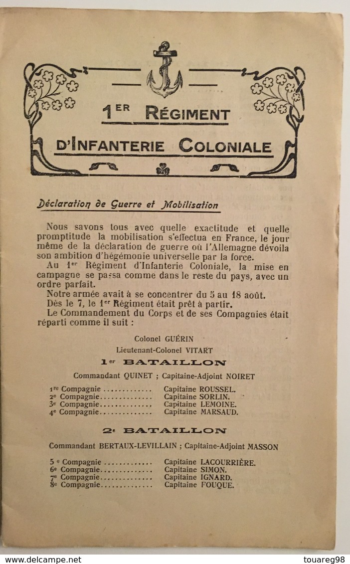 Historique Du Régiment. 1er Régiment D'infanterie Coloniale. 1914-1919. 24 Pages. - Français