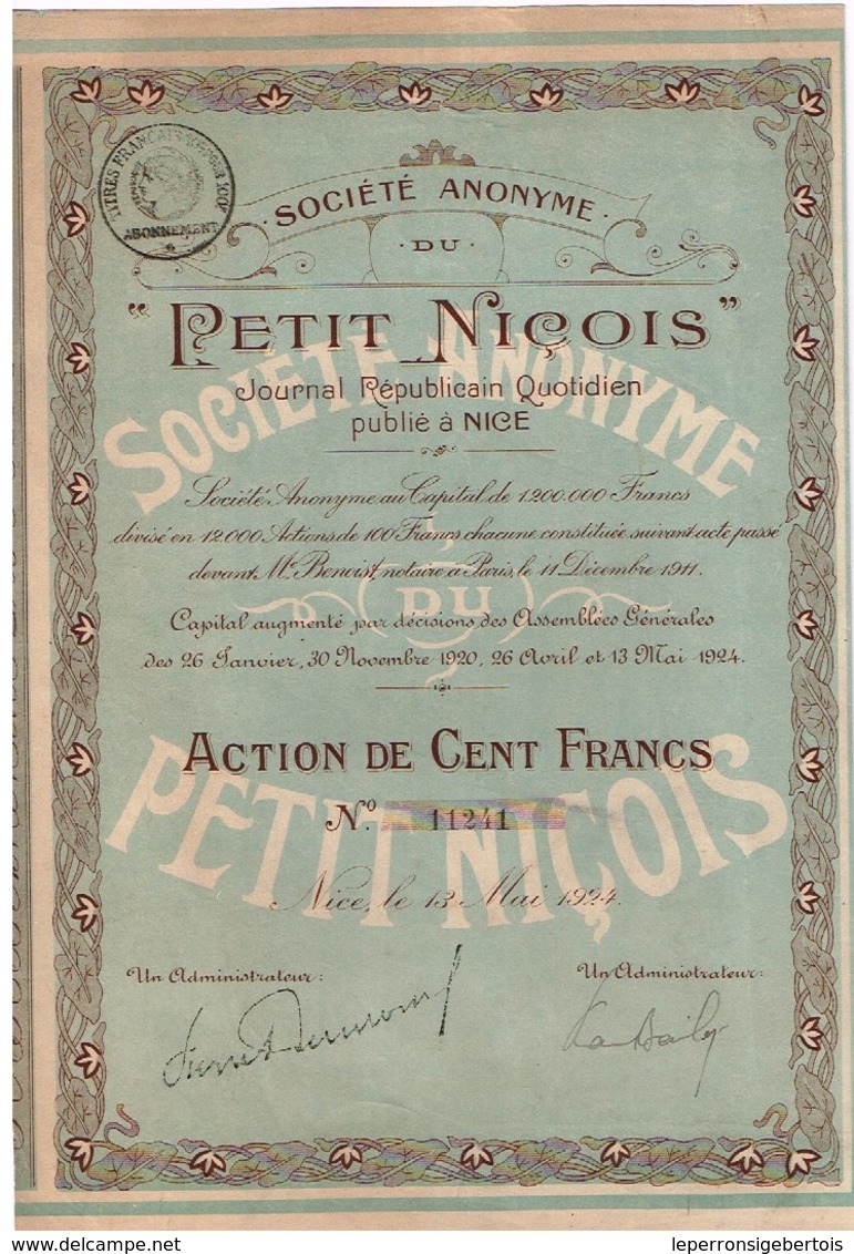 Action Ancienne - Sociétété Anonyme Du Petit Niçois - Titre De 1924 - France - Industrial