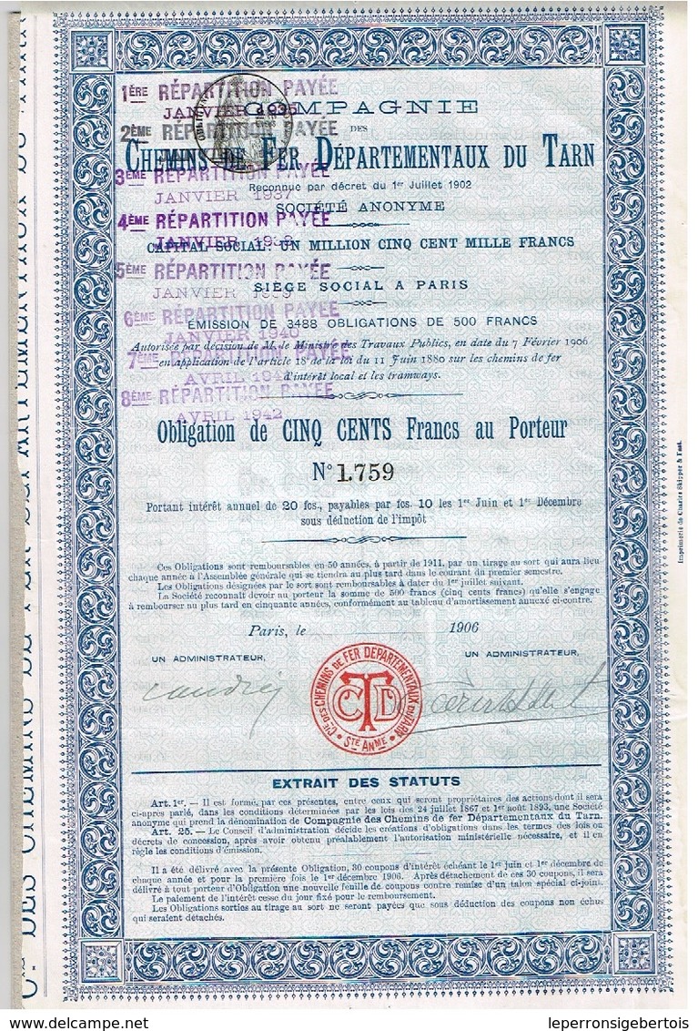 Obligation Ancienne - Compagnie Des Chemins De Fer Départementaux Du Tarn - Titre De 1906 - Chemin De Fer & Tramway