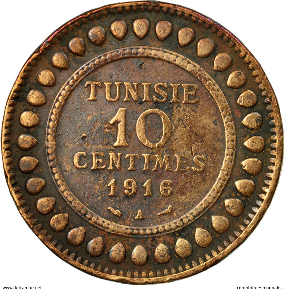 Monnaie, Tunisie, Muhammad Al-Nasir Bey, 10 Centimes, 1916, Paris, TB, Bronze - Tunisie