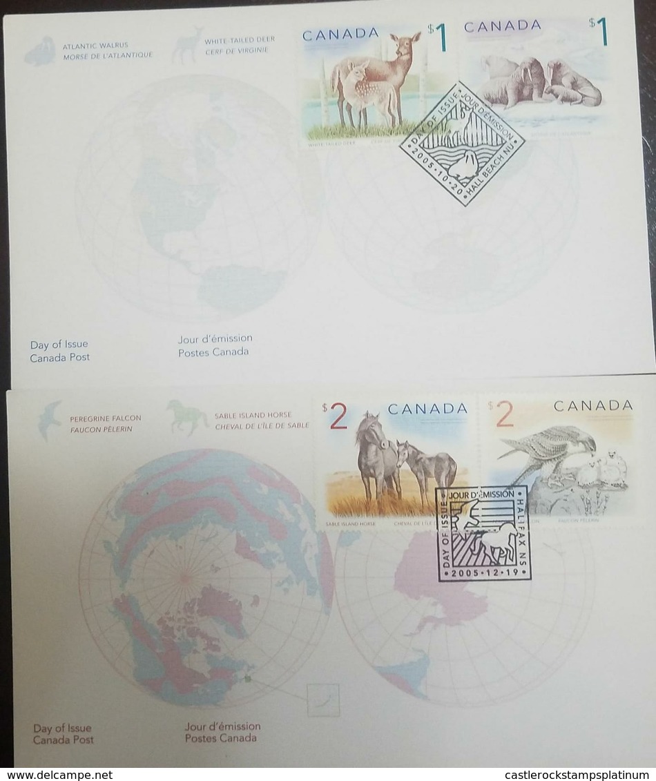 L) 2005 CANADA, ANIMALS, NATURE, HORSE, BIRD, WHITE TAILED DEER, WALRUS, SET OF 2, FDC - 2001-2010