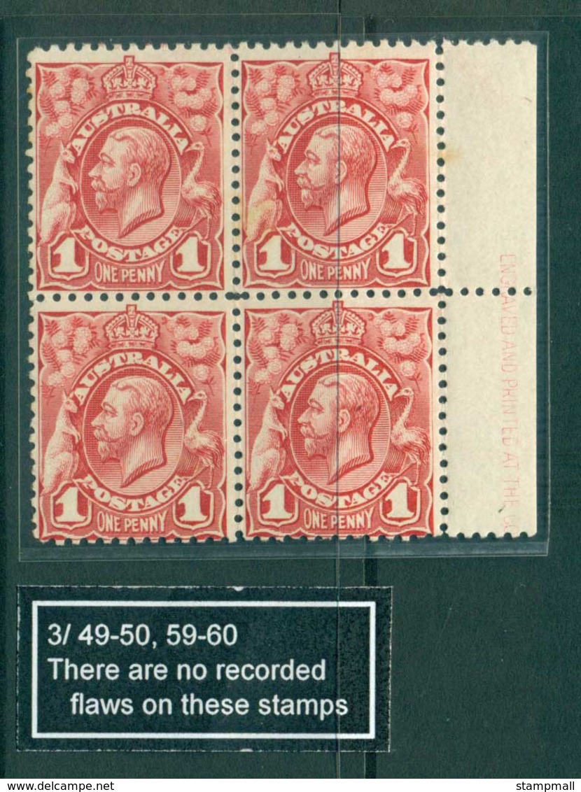 Australia 1913 1d Red Engraved Pl.3 Part Imprint RH Blk 4, Gum Spots, MUH Lot28123 - Mint Stamps