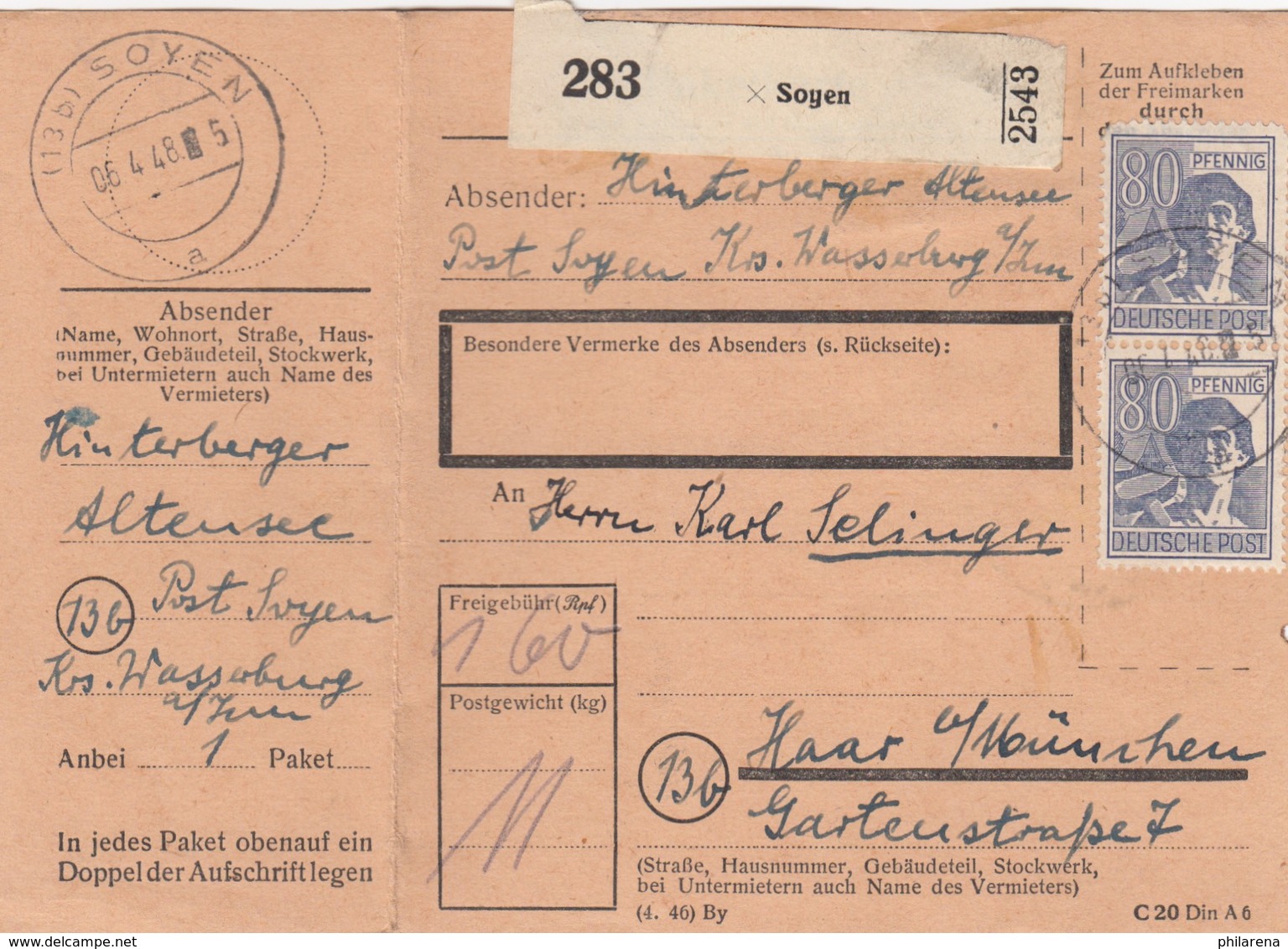 BiZone Paketkarte 1948: Soyen Nach Haar München - Sonstige & Ohne Zuordnung