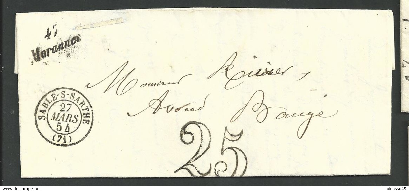 Maine Et Loire , Sarthes ,  Morannes ,sablé Sur Sarthe, Cursive Du 27 Mars 1854 Pour Baugé , Cachet 15 - 1801-1848: Precursori XIX