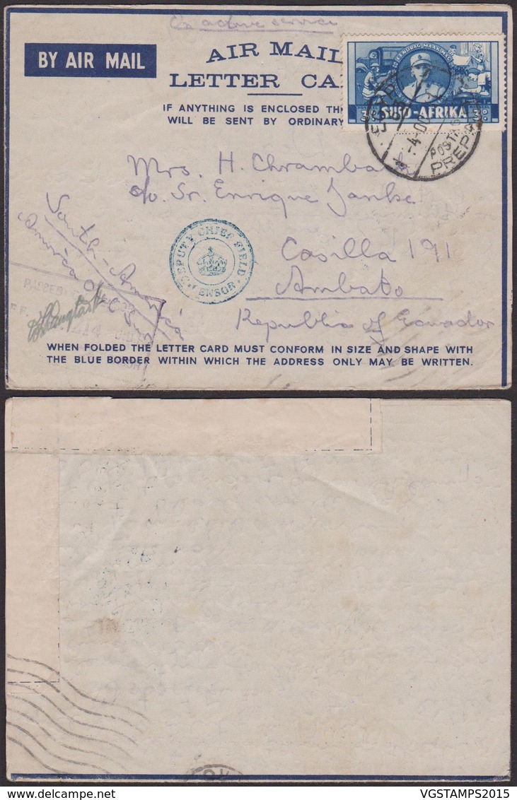 Afrique Du Sud 1941 - Lettre Air Mail Oblitération Egypte Vers Amérique Du Sud + Censure (3G23468) DC0038 - Poste Aérienne